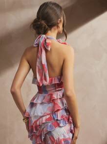 L'Amorae 印花优雅低领荷叶边无袖上衣 - 粉色 - 查看 2