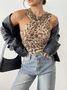 INAWLY Body envolvente sin mangas de mujer talla grande con estampado de leopardo y drapeado