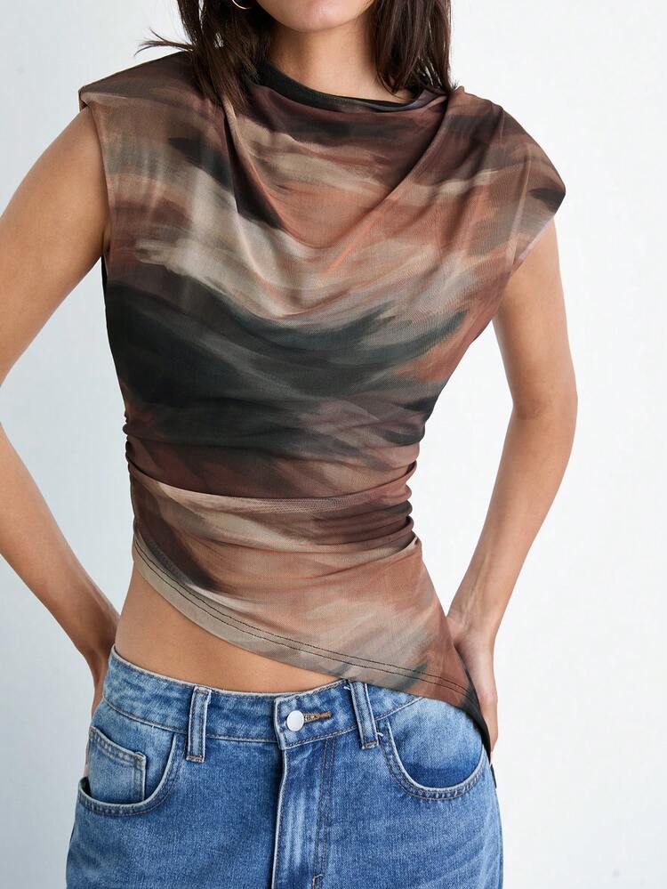 SHEIN Maija Women Tie-Dye Marble Print Crew Neck Shoulder Pad Casual Top With Asymmetric Hem, Versatile For Spring, Birthday, Club, Teacher