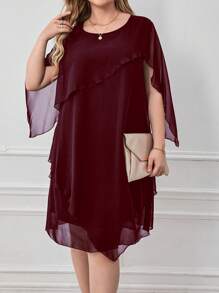 Flouryn Plus Size Women's Chiffon Straight Tube Dress, For Christmas Burgundy Color Women Outfit