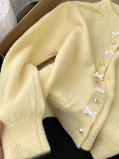 INAWLY كارديجان أصفر فضفاض مع زخرفة الفيونكة والخرز الاصطناعي، كاجوال للنساء