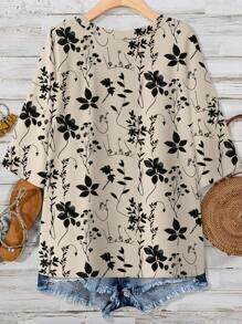 EMERY ROSE 百搭碎花圆领胸袋休闲 T 恤，轻盈简约的设计，适合夏季，加大码 - 卡其色 - 查看 2