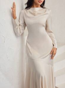 Veilorie Đầm dài tay đuôi cá xếp nếp màu trơn thanh lịch cho nữ - Màu be - Xem 3