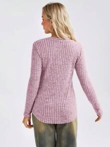 SHEIN LUNE Women's Button Decorated Ribbed T-Shirt - Mauve Purple - View 4