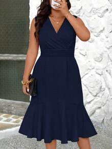 Rometta Vestido sin mangas de talla grande para mujer de unicolor elegante con cuello en V y estrechez en la cintura - Azul Marino - Ver 1