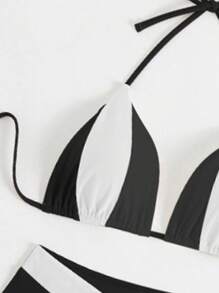 Swim Chiccia Women Summer New Multicolor Patchwork Triangle Halter Tie Bikini Set - Black and White - View 6