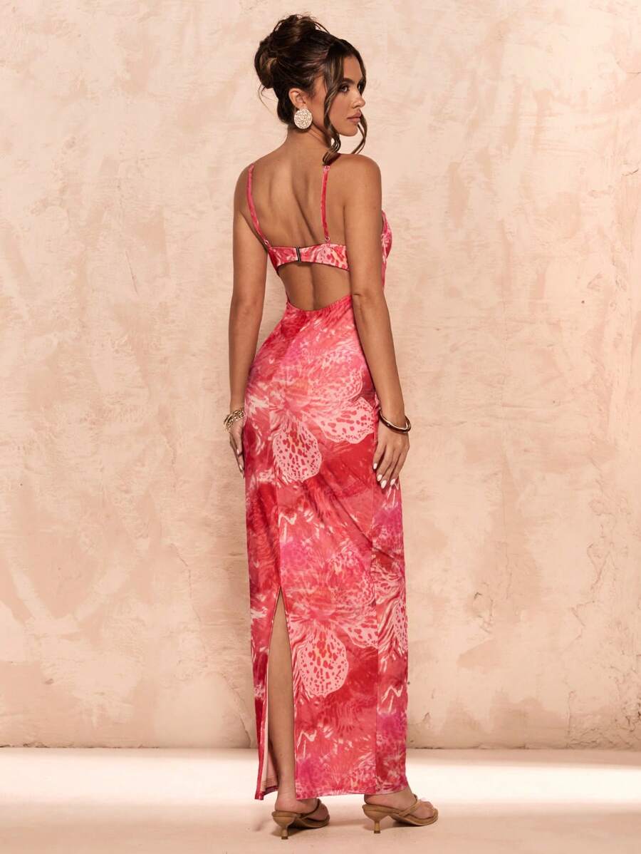 SHEIN BAE 夏季女式花卉印花露背性感优雅连衣裙/花卉印花连衣裙/返校装/女士夏季连衣裙/女士婚礼宾客连衣裙/女士度假装/粉色连衣裙/女士生日连衣裙/女士约会晚装 - 粉色 - 查看 1