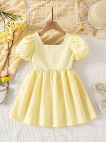 Elladie kids Elladie 女童优雅甜美泡泡袖连衣裙，黄色提花面料，柔软舒适，后背蝴蝶结装饰可拆卸，适合休闲、时尚、旅行、日常穿着、运动、上学、聚会、生日礼物、度假风、夏季装扮、毕业礼服等场合，优雅百搭。 - 黃色 - 查看 2