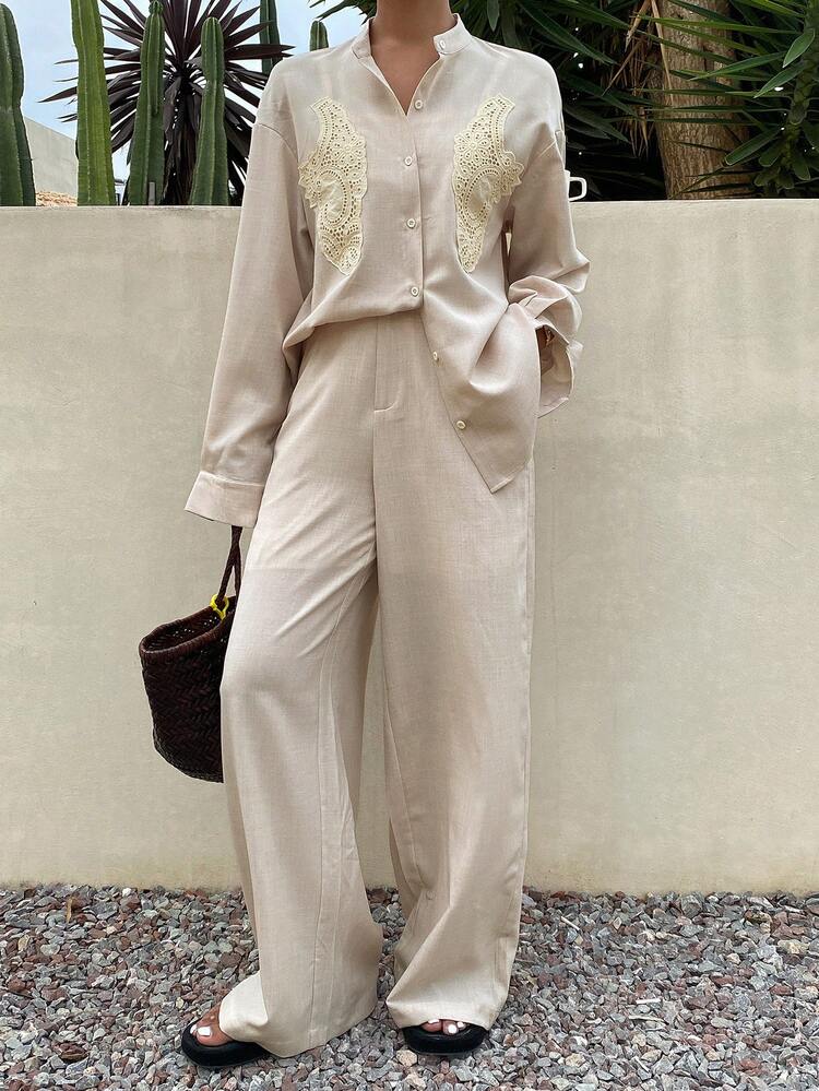 Women Summer Casual Lace Patchwork Round Neck Loose Suit Shorts Set, Women Two Pieces Sets