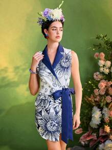 Israel Jasso Frida Kahlo X SHEIN X Designer Floral Print Asymmetric Tailored Short Dress With Contrast Lapels For Women Summer Outfit - Multicolor - View 3