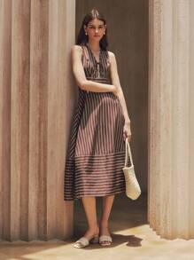 SHEIN ChicEase Green Women's Tie Waist Deep V-Neck Striped Print French Style Long Dress - Coffee Brown - View 5