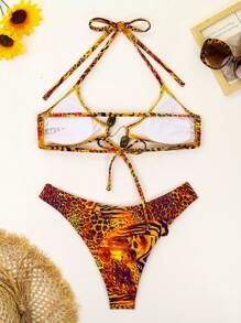 Swim Vcay 女士沙滩装，随机花卉印花性感豹纹比基尼套装，露背系带泳衣 - 亮橙色 - 查看 6