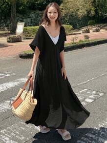 FRIFUL Women's Sleeveless A-Line Dress With Loose Shoulder Straps, Casual Chic For Spring & Summer Woman S Summer Clothes Women Summer Clothing Women Plus Sun Dress Women Plus Black Dress Work Summer Dresses