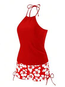 Swim Lushoire 女款素色掛脖式坦基尼上衣與花卉印花抽繩短褲，夏季海灘度假坦基尼泳裝套裝 - 紅色 - 查看 5