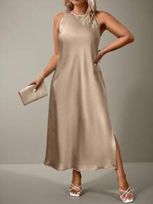 Flouryn 大码休闲纯色无袖侧开衩长款缎面连衣裙女装 - 卡其色 - 查看 4