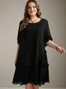 Flouryn Plus Size Women Chiffon Tiered Splice Ruffle Hem Elegant Black Dress, Spring/Summer, Suitable For Valentine's Day - Black - View 5