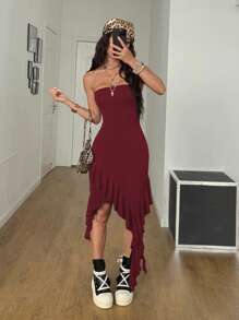Coolane 女士夏季音乐会西部装度假 Y2K Gyaru 弹力不对称荷叶边无袖酒红色连衣裙，俱乐部性感波西米亚风装，外出 - 酒紅色 - 查看 4