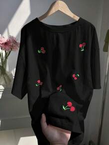 Solflare 樱桃刺绣黑色休闲大码短袖T恤 - 黑色 - 查看 6