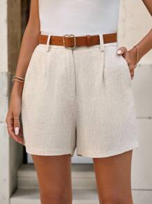 Solivie 亞麻素色休閒優雅短褲（帶竹節圖案） - 杏色 - 查看 3