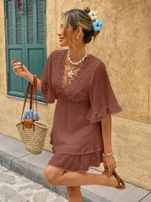 SHEIN Frenchy Women's Vacation Casual Solid Color Lace Patchwork Ruffle Hem Short Dress Summer Brown - Brown - View 3