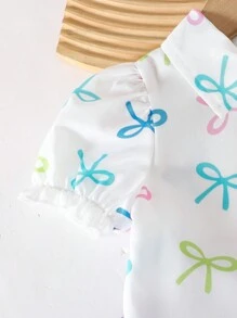 SHEIN Baby Girls' White Summer Cute Family Matching Korean Fashion Puff Sleeve Digital Print Bowknot Woven Shirt & Solid Color Bowtie Shorts 2Pcs Outfit - Purple - View 7