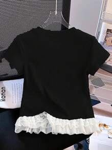 Franclia Plus Size White Lace Casual/Holiday/Commute Elegant T-Shirt - Black - View 2