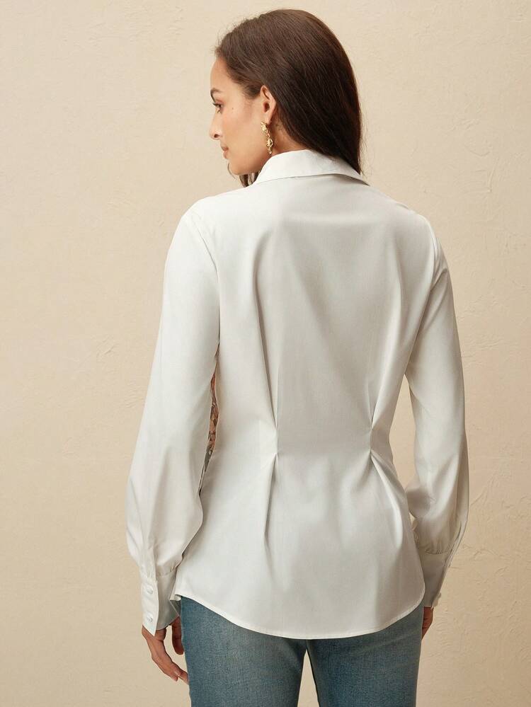 Chemisier plissé élégant à manches longues et imprimé blanc pour femmes, chemise d'automne