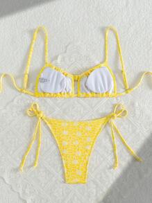Swim Mod Women Summer Beach Vacation Jacquard Fabric Drawstring Crop Top Yellow Bikini Set - Yellow - View 2