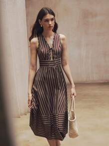 SHEIN ChicEase Green Women's Tie Waist Deep V-Neck Striped Print French Style Long Dress - Coffee Brown - View 1