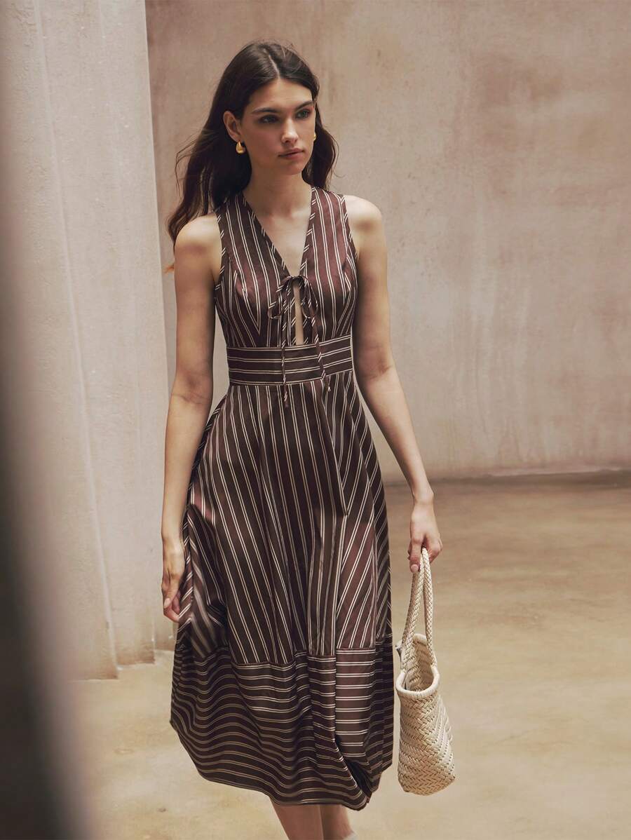 SHEIN ChicEase Green Women's Tie Waist Deep V-Neck Striped Print French Style Long Dress - Coffee Brown - View 1