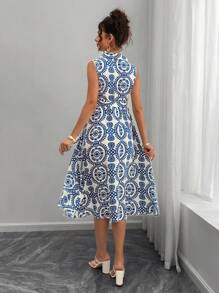 孕妇 A 字形连衣裙，翻领，系带腰带 - 藍白色 - 查看 2