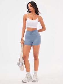 Easithlete Easithlete Women's High Waisted Pleated Workout Yoga Pants Workout Short - Dusty Blue - View 3