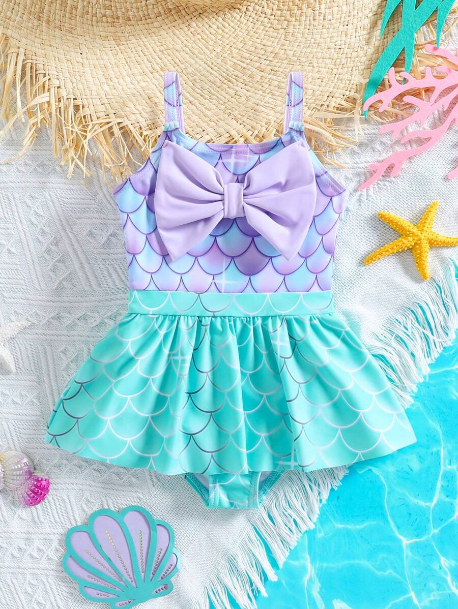 SHEIN Babygirl Cute Mermaid Print Casual Knit Bowknot Color Blocking Strap One-Piece Swimsuit, Summer