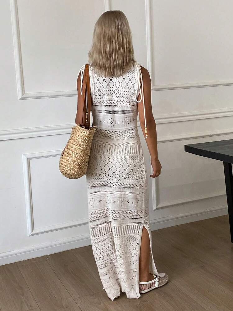 Women's Summer V-Neck Sleeveless Beaded Tie Decor Hollow Out Knitted Dress Maxi Dress
