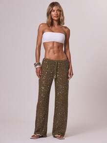 Musera Resort 女士罩衫伊比沙岛波西米亚风度假海滩优雅夏季亮片阔腿钩针长裤 - 橄欖綠 - 查看 1