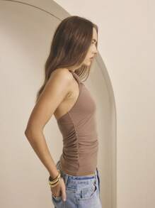 Aralina 褶饰挂脖弹力面料修身轻便休闲夏季女式上衣 - 棕色 - 查看 5