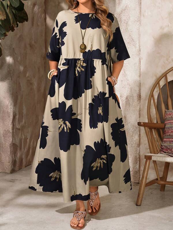 EMERY ROSE Abito floreale boho da donna con plissettatura in vita, tasche doppie, spacco laterale, manica corta, adatto per primavera ed estate, per donne taglia curvy