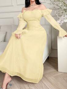 Feyla Women's Elegant Solid Color Ruffle Flare Sleeve Halter Dress - Yellow - View 3