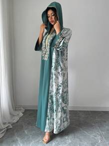 SHEIN Najma Women's Hooded Bell Sleeve Solid Color Print Patchwork Embroidered Ruffle Hem Loose Elegant Turkish Maxi Dress, Suitable For Casual Vacation, Modest Kaftan