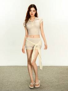 INAWLY 2 件女式基本款拼色 T 恤和配套系带短裤套装 - 杏色 - 查看 2