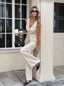 SHEIN Frenchy Women's Solid V-Neck Sleeveless Single-Breasted Metallic Buckle Casual Top And Pants 2 Pieces Set, Neckline Pleated Design,Metal Button  Sleeveless Top And Pants Two-Piece Set,Imple Fashion Elegant Office,Business For Commuting,Linen-Like Bamboo Pattern Stretch Fabrics