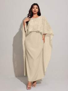 Viva Relle 大码雪纺亮片优雅浪漫披肩裙 - 杏色 - 查看 3