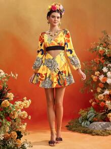 ISELACOS Frida Kahlo X SHEIN X Designer 全身印花灯笼袖镂空迷你连衣裙女士夏季连衣裙度假装 - 黃色 - 查看 6