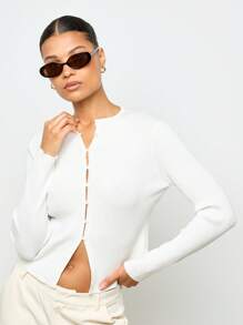 AiiRZ Ribbed Button Front Crop Cardigan Long Sleeve Fitted Y2K Style Retro Fall Winter Essential Layering Top - White - View 5