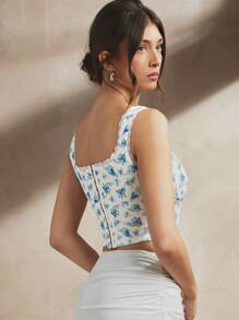 L'Amorae 女式碎花印花网眼紧身胸衣夏季上衣，带蕾丝花边 - 藍白色 - 查看 2