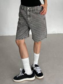DAZY Quần short Bermuda denim ống đứng dáng rộng đính đá lấp lánh dành cho nữ mùa hè, quần short denim, quần áo đi học, quần short đính sequin. - Xám - Xem 5