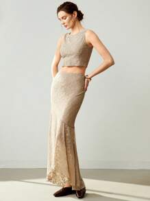 Uhlyne Modisches ärmelloses gestricktes Crew Neck Fitted Top und asymmetrischer Saum Rock Zwei-Teiler Set, einfacher eleganter Stil für Frauen - Khaki - Übersicht 4