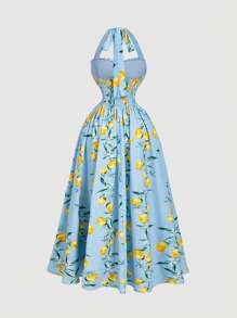 SHEIN MOD Women Ruched Waist Elegant Halter Neck Midi Dress With Floral Print,Dresses For Women Summer - Blue - View 2