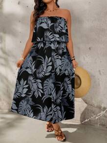 SHEIN Holidaya Robe à volants à imprimé floral pour femmes grandes tailles, style vacances - Gris - Voir 3