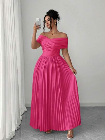  Vestido de verano con cintura fruncida y hombros descubiertos Elenzga, vestido de graduación elegante y romántico para mujeres de talla grande